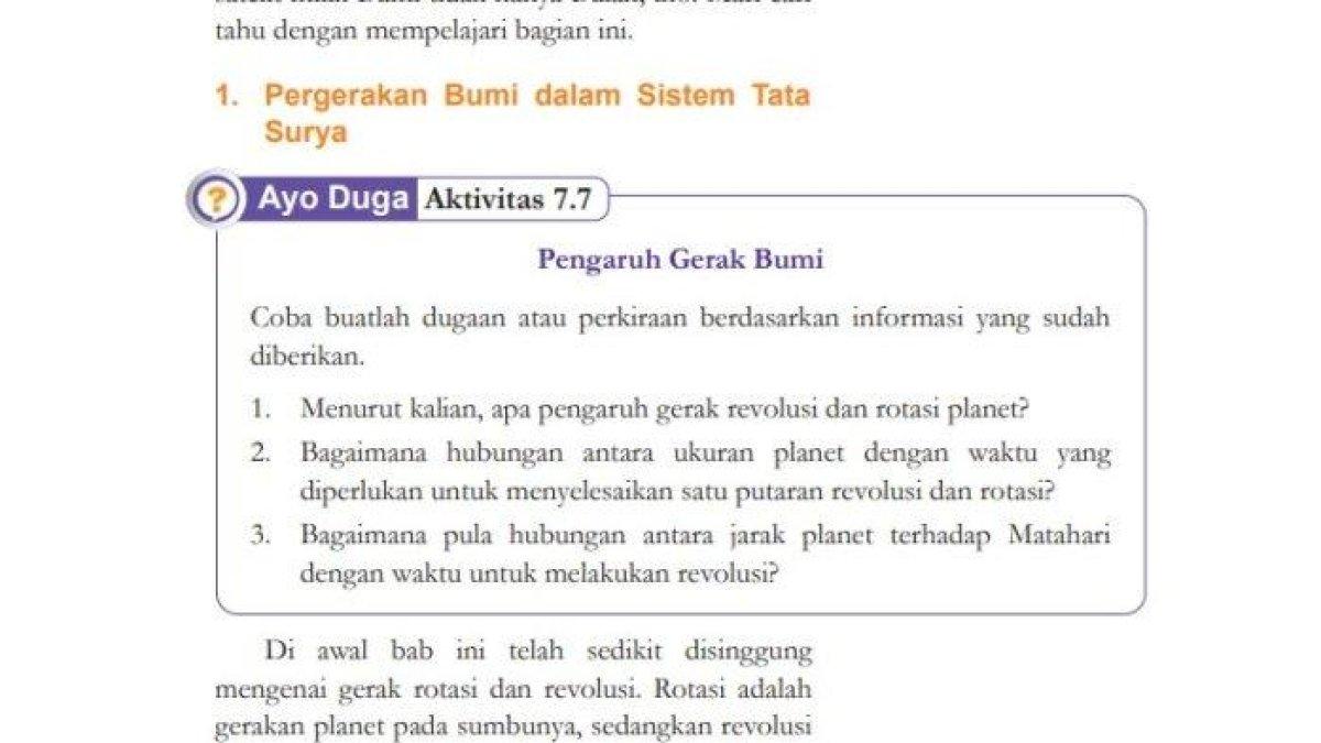 ILUSTRASI KUNCI JAWABAN: Soal IPA kelas 7 halaman 215 kurikulum merdeka tentang pengaruh gerak revolusi dan rotasi planet.