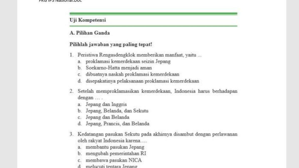 ILUSTRASI KUNCI JAWABAN:  Kunci jawaban IPS kelas 9 halaman 283, uji kompetensi bab 4 dengan soal pilihan ganda nomor 1 - 10.