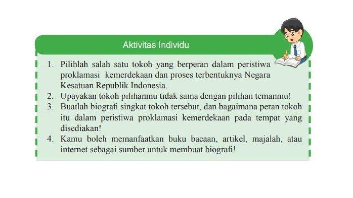 ILUSTRASI KUNCI JAWABAN: Kunci jawaban IPS Kelas 9 halaman 213 dan 214. Siswa diminta menyebutkan tokoh yang berperan dalam peristiwa proklamasi kemerdekaan Indonesia dalam tugas Aktivitas Individu.