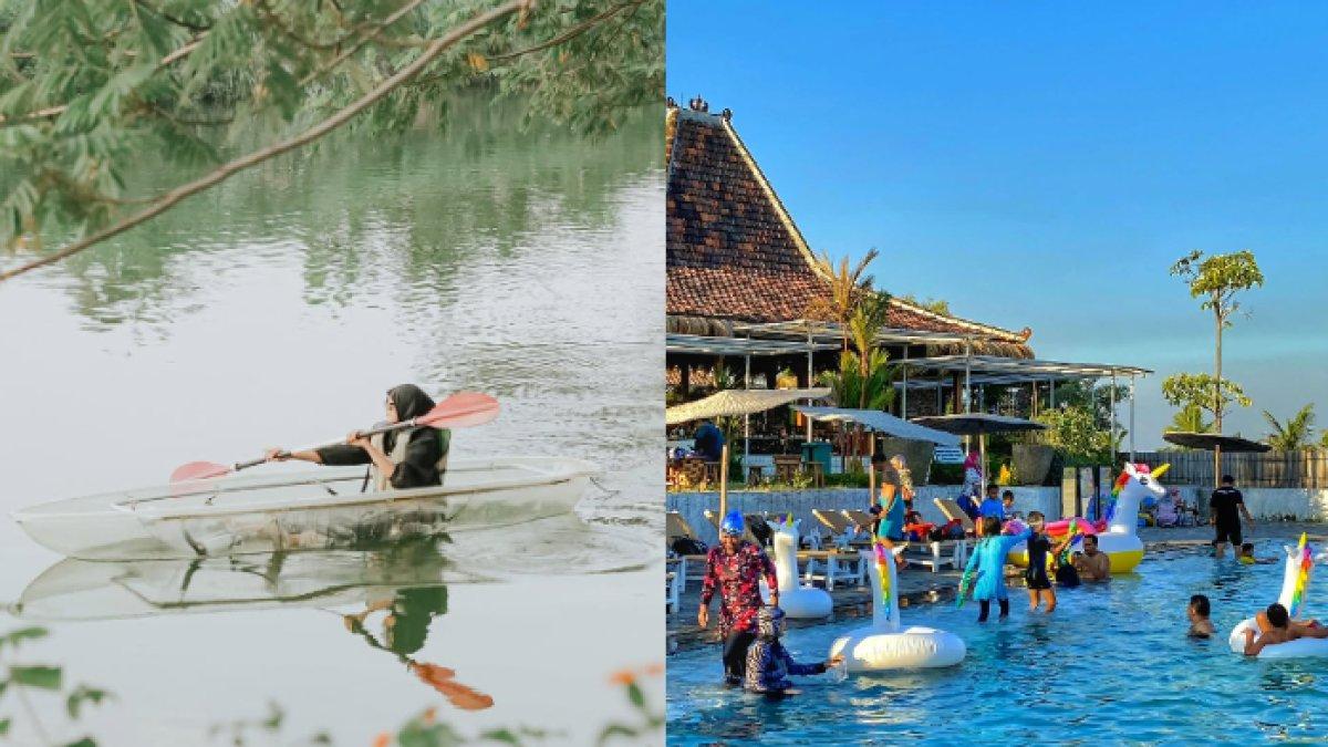OBYEK WISATA KLATEN: Pengunjung sedang mendayung perahu transparan di atas embung yang tenang, dan suasana kolam renang tampak ramai dengan pengunjung yang menikmati permainan air menggunakan pelampung berbentuk lucu di Wahana Soko Alas Klaten