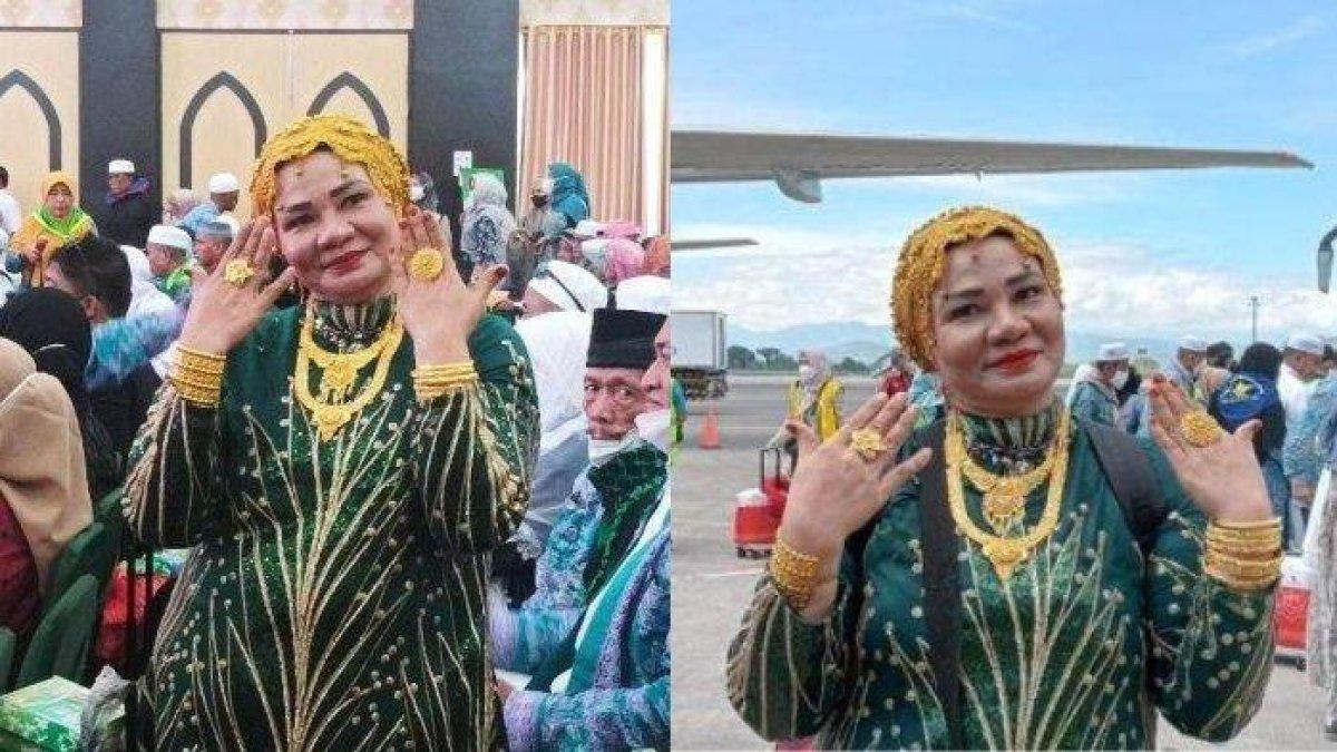 Sosok jemaah haji asal Makassar, Sulawesi Selatan, Suarnati Daeng Kanang viral di media sosial karena memakai emas 180 gram saat tiba di Tanah Air.