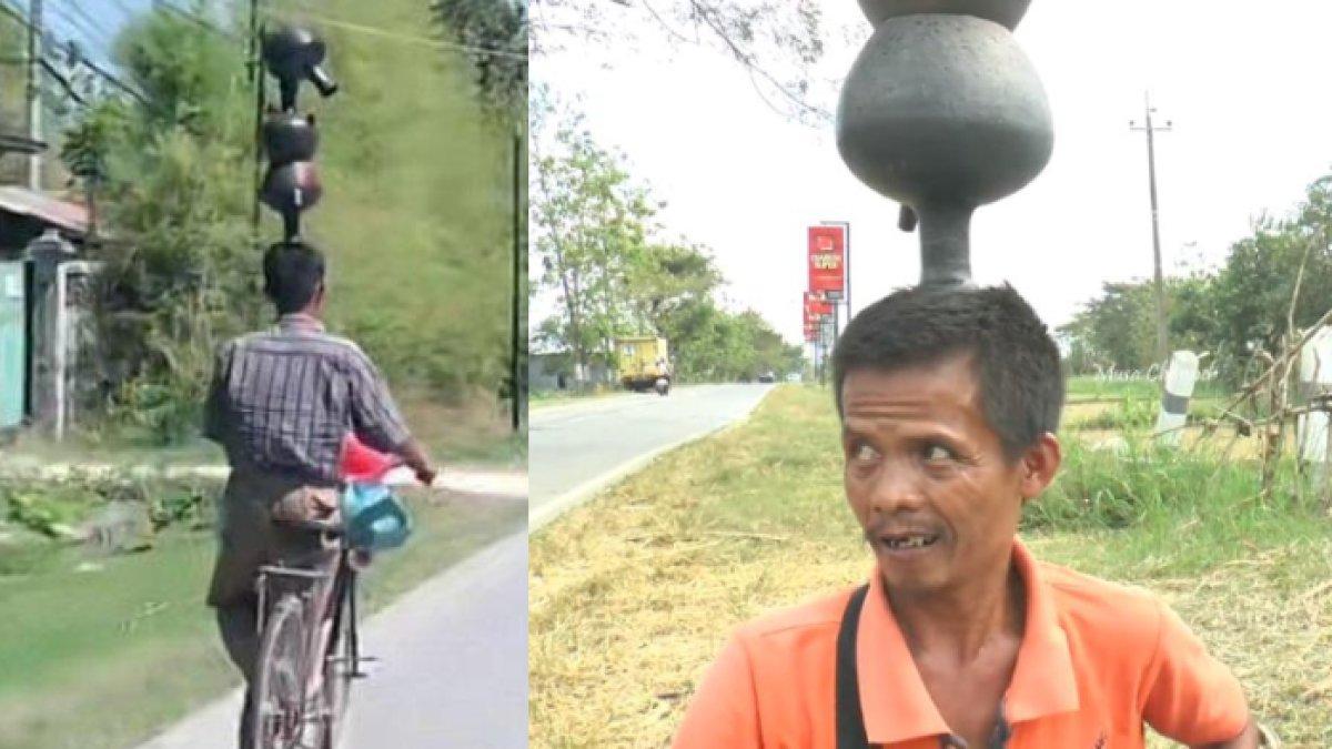 Sosok Lasto asal Blora ini mampu menyunggi tiga kendi di kepalanya sembari mengemudikan sepedanya.