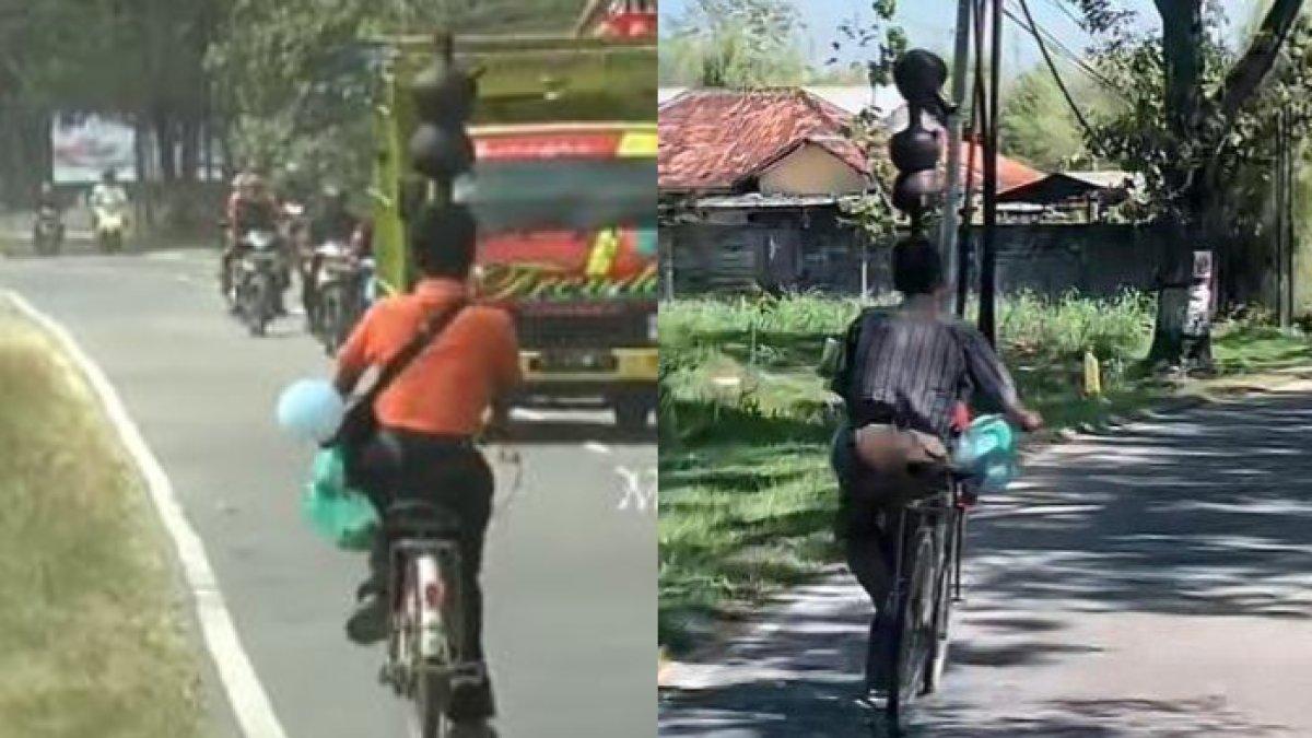 Sosok Lasto asal Blora ini mampu menyunggi tiga kendi di kepalanya sembari mengemudikan sepedanya.