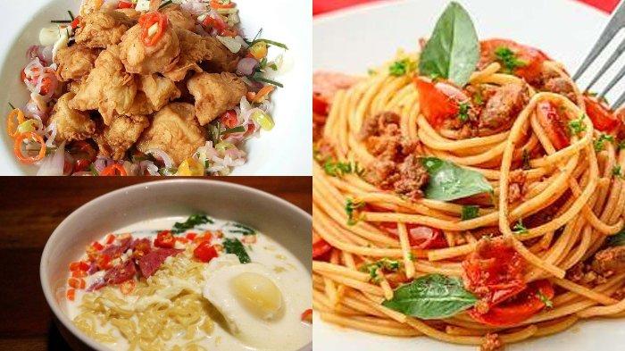spageti bolognese, indomie kuah susu, chicken popcorn rice bowl sambah matah