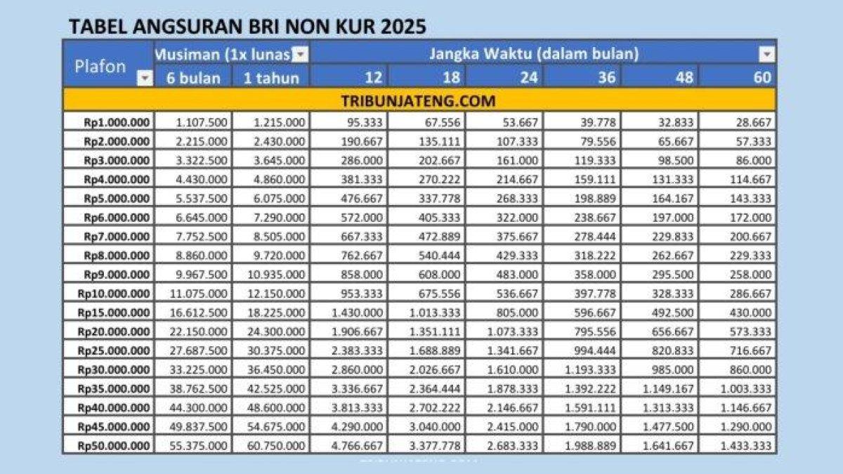 tabel angsuran BRI Non KUR 2025 1-50 Juta