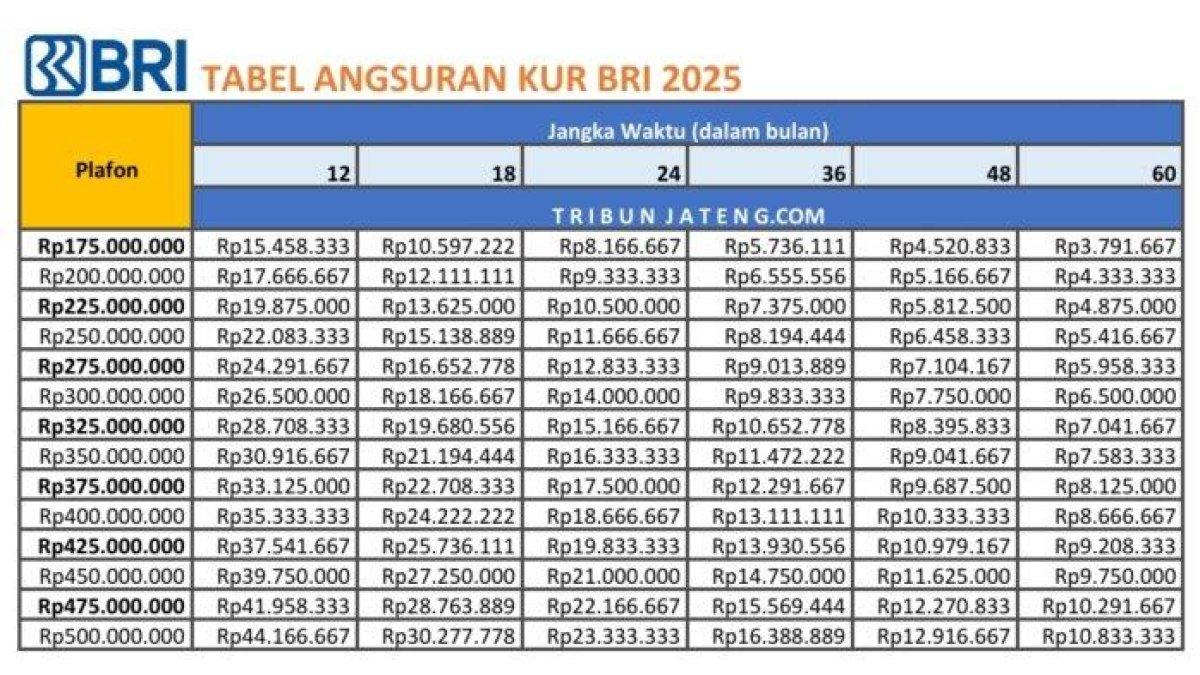 tabel pinjaman KUR BRI 2025 Rp 175 Juta - Rp 500 Juta
