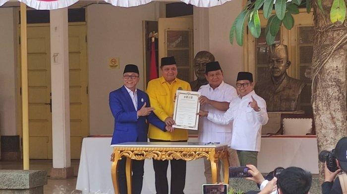 Keempat Ketua Umum Partai Politik yakni PKB, Gerindra, PAN dan Golkar menyatakan dukungan untuk Prabowo Subianto sebagai calon presiden di Museum Perumusan Naskah Proklamasi, Menteng, Jakarta, Minggu (13/8/2023).
