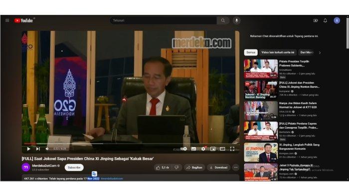 Tangkapan layar unggahan channel YouTube Medcom yang menayangkan video lengkap sapaan 'kakak besar' oleh Jokowi kepada Xi Jinping.