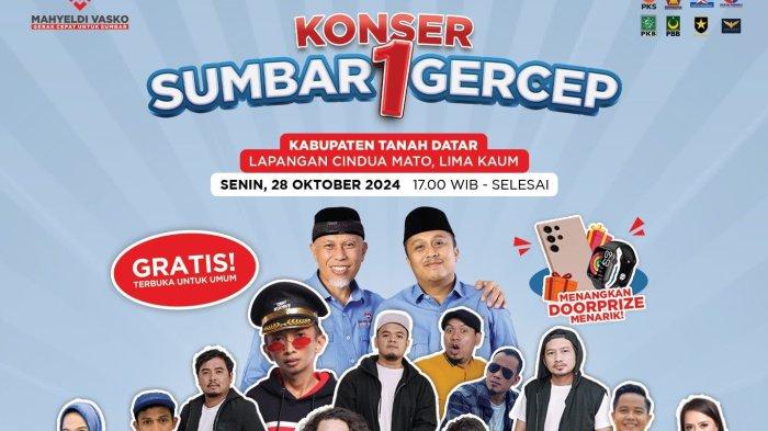 Konser Sumbar Gercep dilaksanakan pada Senin (28/10/2024) di Lapangan Cindua Mato Batusangkar, Kabupaten Tanah Datar Provinsi Sumatera Barat (Sumbar).