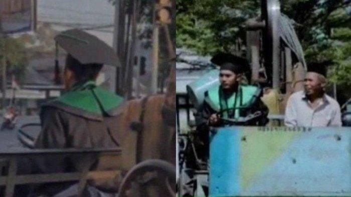 Nur Hidayat, wisudawan di Salatiga, Jawa Tengah datang ke kampus naik benso mesin gergaji kayu.