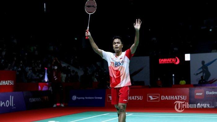 Pebulu tangkis Tunggal Putra Indonesia Anthony Sinisuka Ginting usai melawan pebulu tangkis Malaysia Lee Zii Zia pada babak 8 besar Indonesia Masters di Istora Senayan, Jakarta, Jumat (10/6/2022). Pada pertandingan tersebut Anthony Ginting menang dengan skor 18-21, 21-16 dan 21-15.