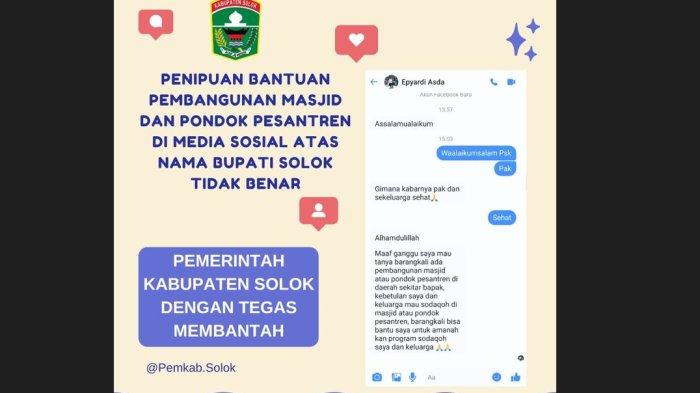 Pemberitahuan terkait adanya akun facebook yang mencatut nama Bupati Solok Epyardi Asda.