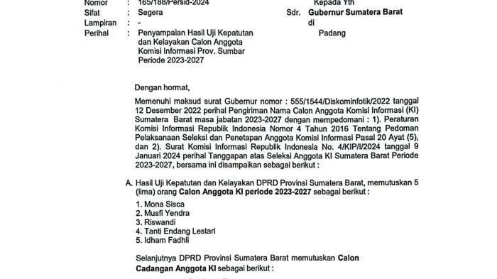 Penyampaian Hasil Uji Kepatutan dan Kelayakan Calon Anggota Komisi Informasi Prov. Sumbar Periode 2023-2027