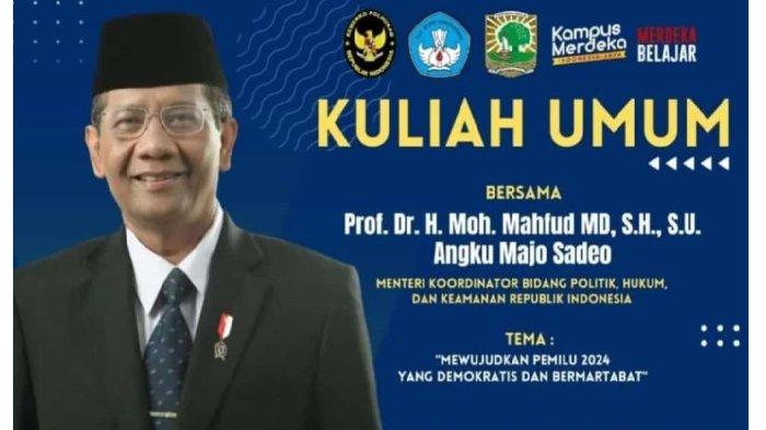 Prof. Mahfud MD menjadi pembicara kuliah umum yang diselenggarakan di kampus Universitas Andalas (Unand) pada Kamis (16/11/2023).