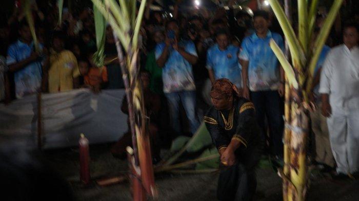 Algojo rumah Tabuik Pasa menebas batang pisang dengan sekali tebasan menggunakan pedang janewa dalam prosesi maambiak batang pisang Pesona Hoyak Tabuik Budaya Piaman 2023, Minggu (23/7/2023).