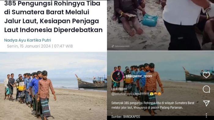 Tangkapan layar unggahan dua media sosial yang mengabarkan pengungsi Rohingya tiba di Padang Pariaman, Sumatera Barat.