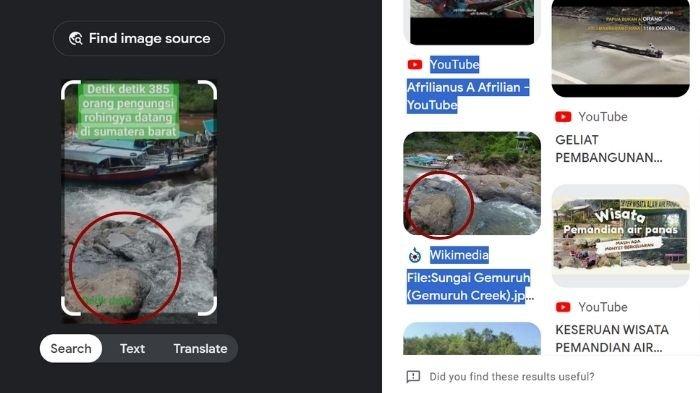 Tangkapan layar persamaan lokasi video yang beredar tentang pengungsi Rohingya yang dikatakan mendarat di Padang Pariaman, Sumatera Barat dengan foto objek wisata Sungai Gemuruh.