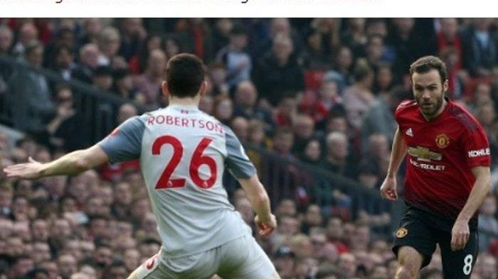 Gelandang Manchester United, Juan Mata (kanan), berduel dengan bek Liverpool, Andrew Robertson, dalam laga Liga Inggris di Stadion Old Trafford, Minggu (24/2/2019).
