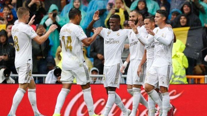 Selebrasi pemain Real Madrid saat menjamu Levante pada laga pekan ke-4 LaLiga di Stadion Santiago Bernabeu, Sabtu (14/9/2019).