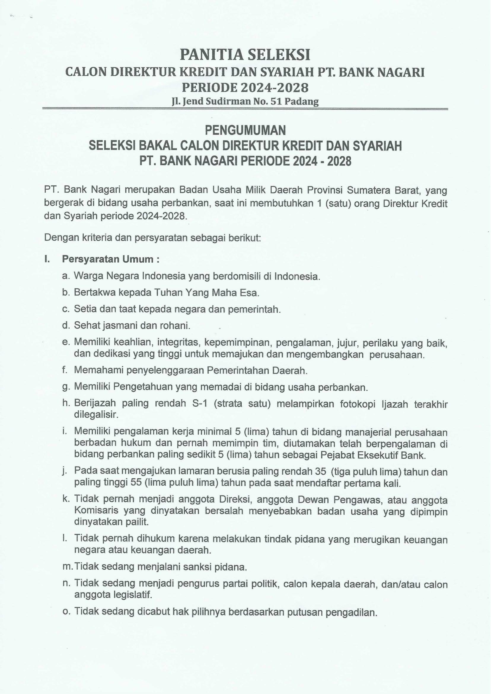 Pengumuman Seleksi Bakal Calon Direktur Kredit & Syariah PT Bank Nagari Periode 2024-2028