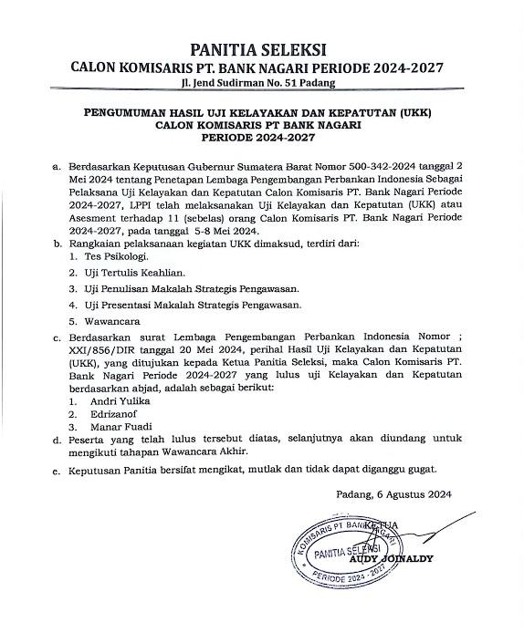 Pengumuman Hasil Uji Kelayakan dan Kepatuhan (UKK) Calon Komisaris PT Bank Nagari Periode 2024-2027