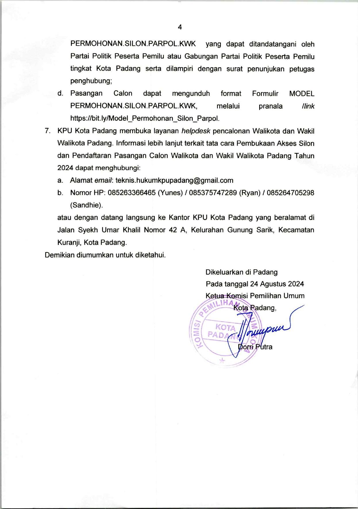 Pengumuman Pendaftaran Pasangan Calon Walikota dan Wakil Walikota Padang Tahun 2024