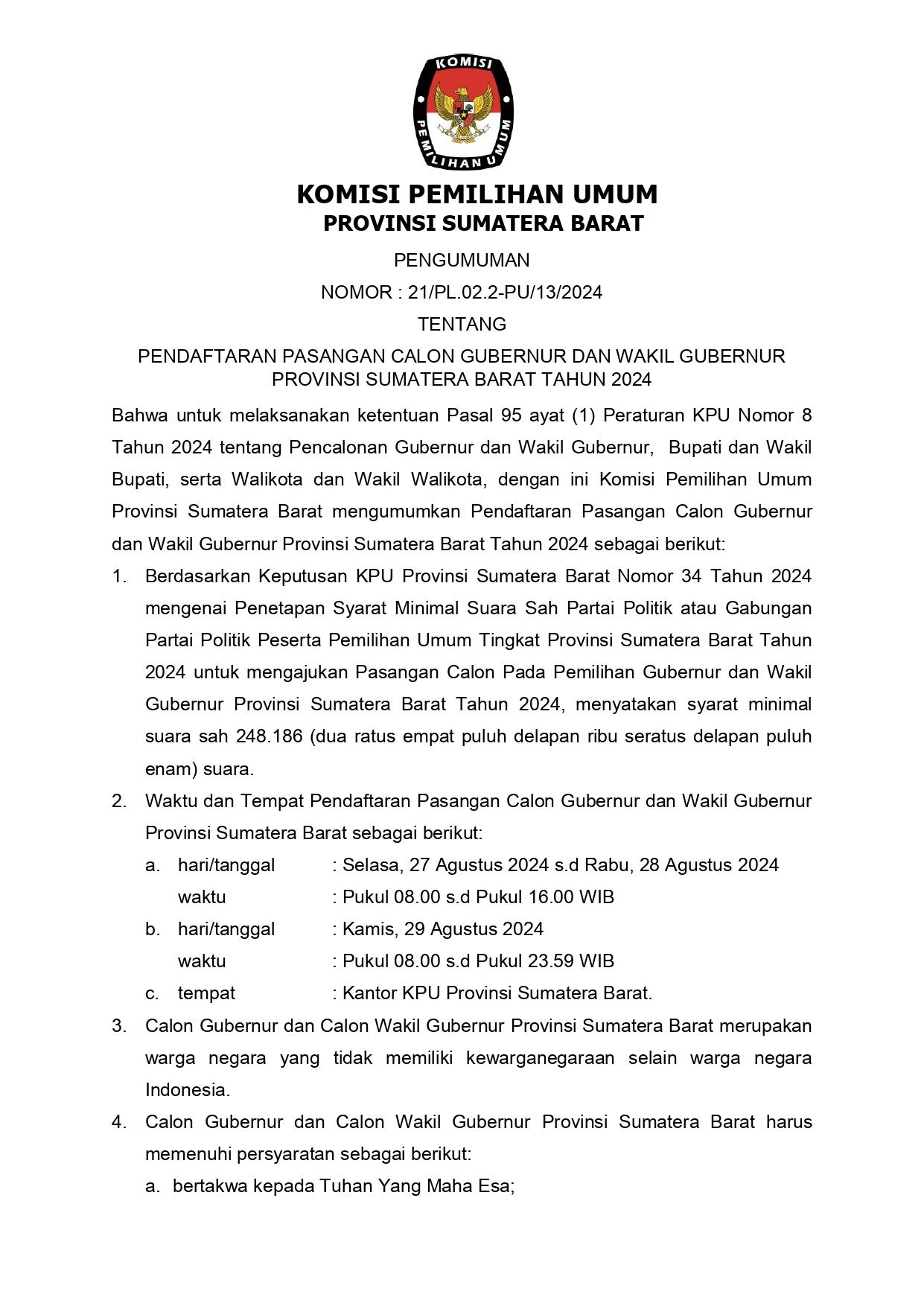Hal.1 ;Pengumuman Pendaftaran Pasangan Calon Gubernur dan Wakil Gubernur Provinsi Sumatera Barat Tahun 2024