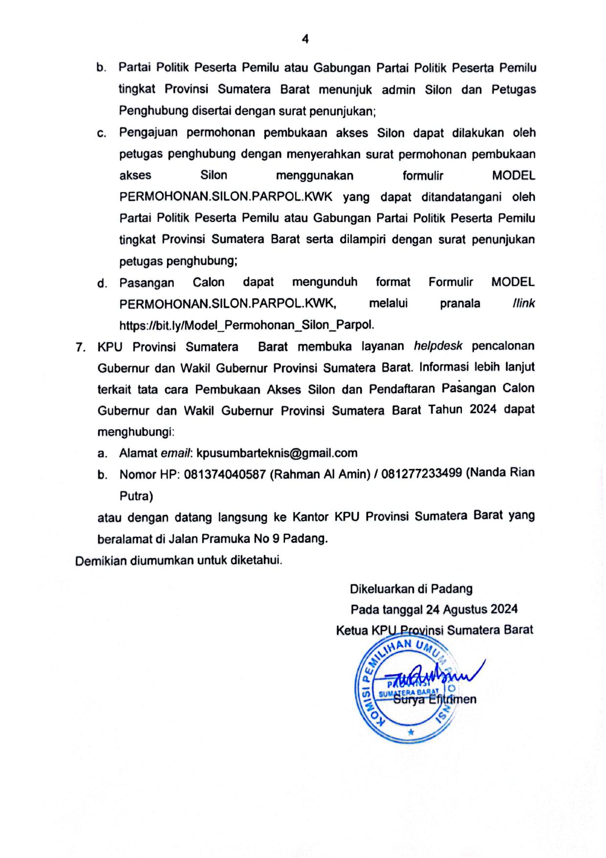Hal. 4 ; Pengumuman Pendaftaran Pasangan Calon Gubernur dan Wakil Gubernur Provinsi Sumatera Barat Tahun 2024