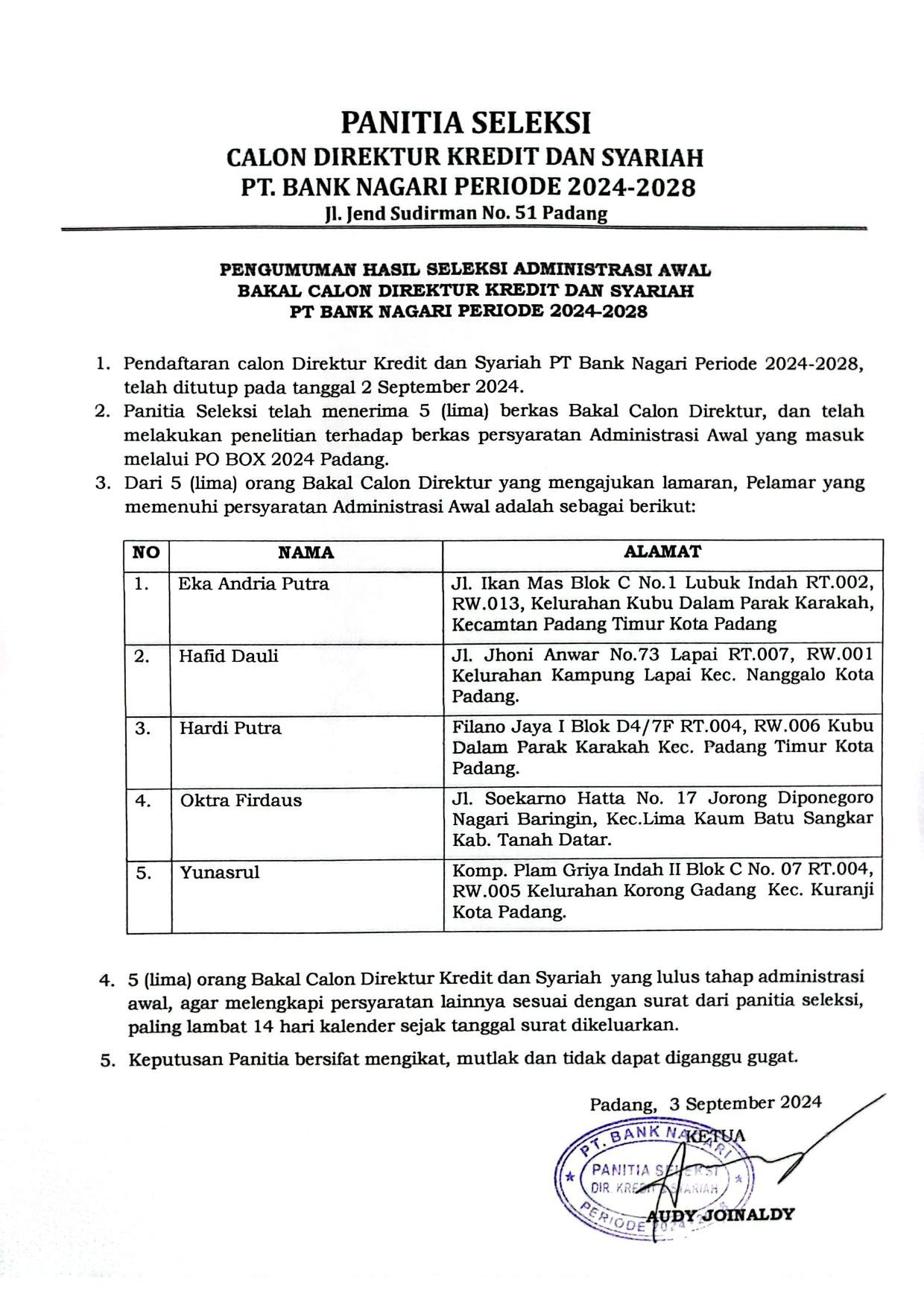 Pengumuman Hasil Seleksi Administrasi Awal Bakal Calon Direktur Kredit dan Syariah PT Bank Nagari Periode 2024-2028