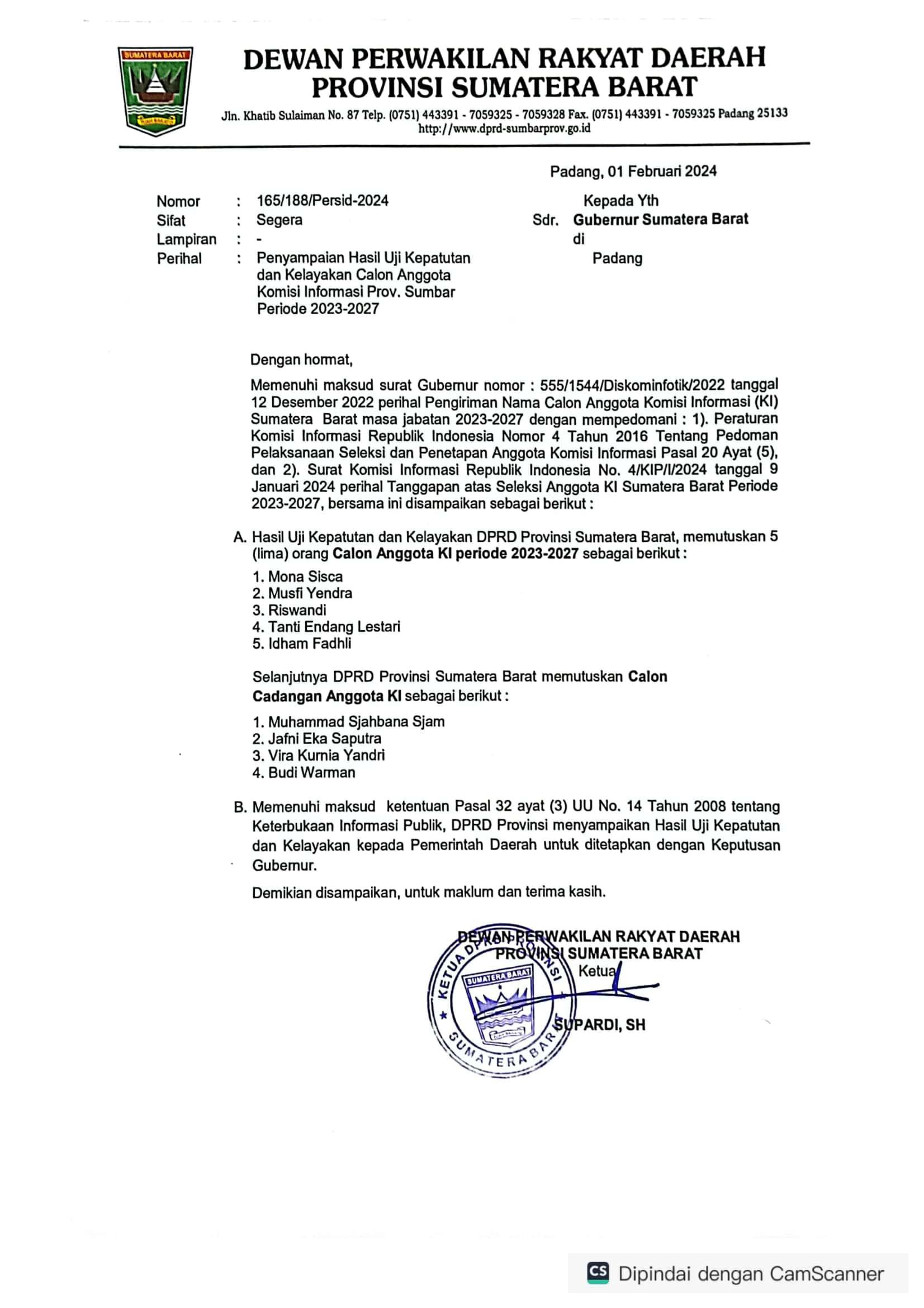 Penyampaian Hasil Uji Kepatutan dan Kelayakan Calon Anggota Komisi Informasi Prov. Sumbar Periode 2023-2027