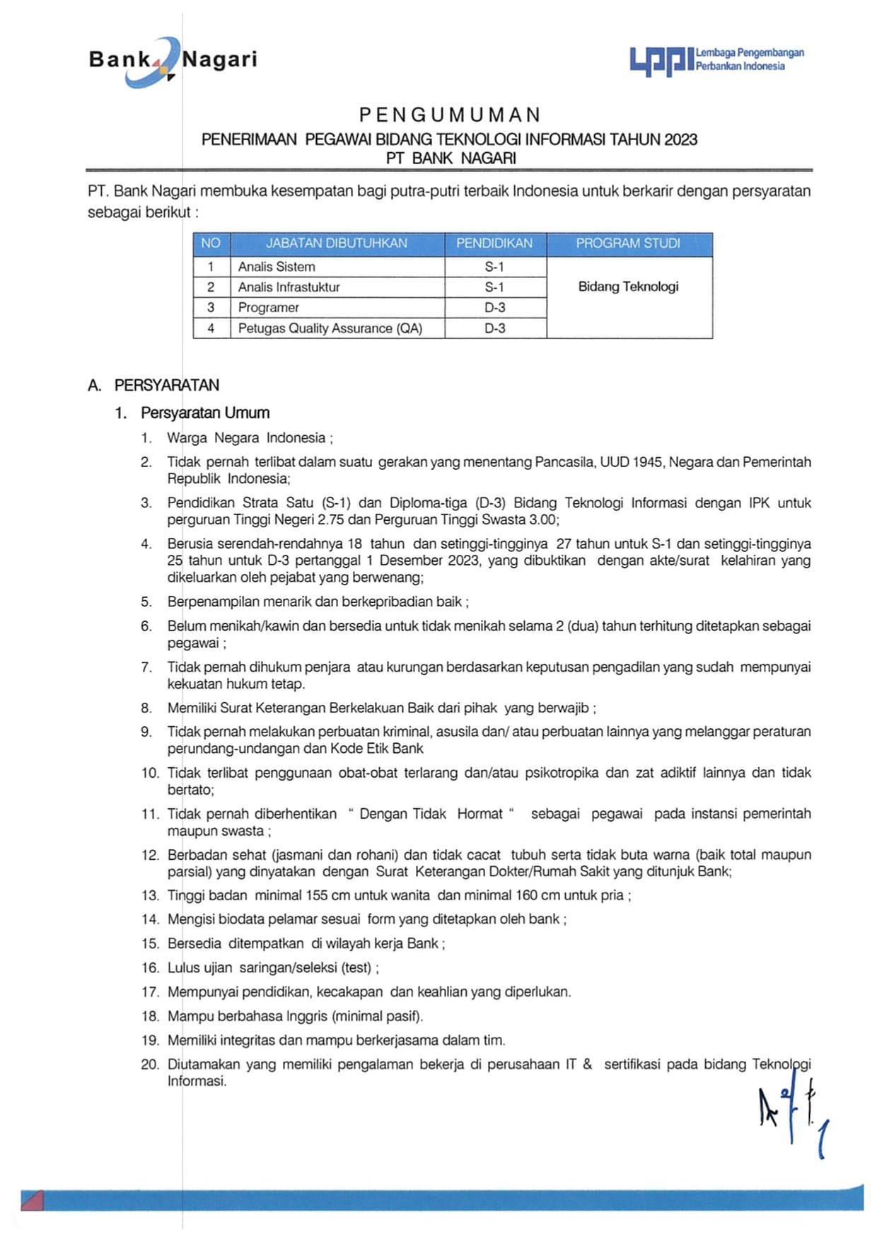 Pengumuman Rekrutmen Bank Nagari IT Page 1