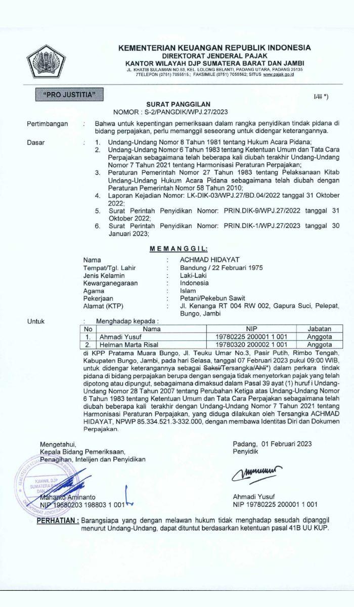Surat Panggilan Penyidikan DJP Sumbar dan Jambi