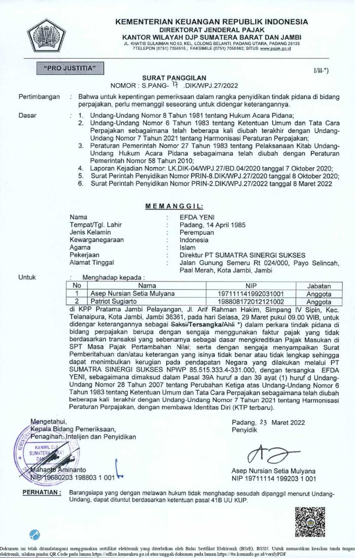 Surat Panggilan DJP Sumbar dan Jambi