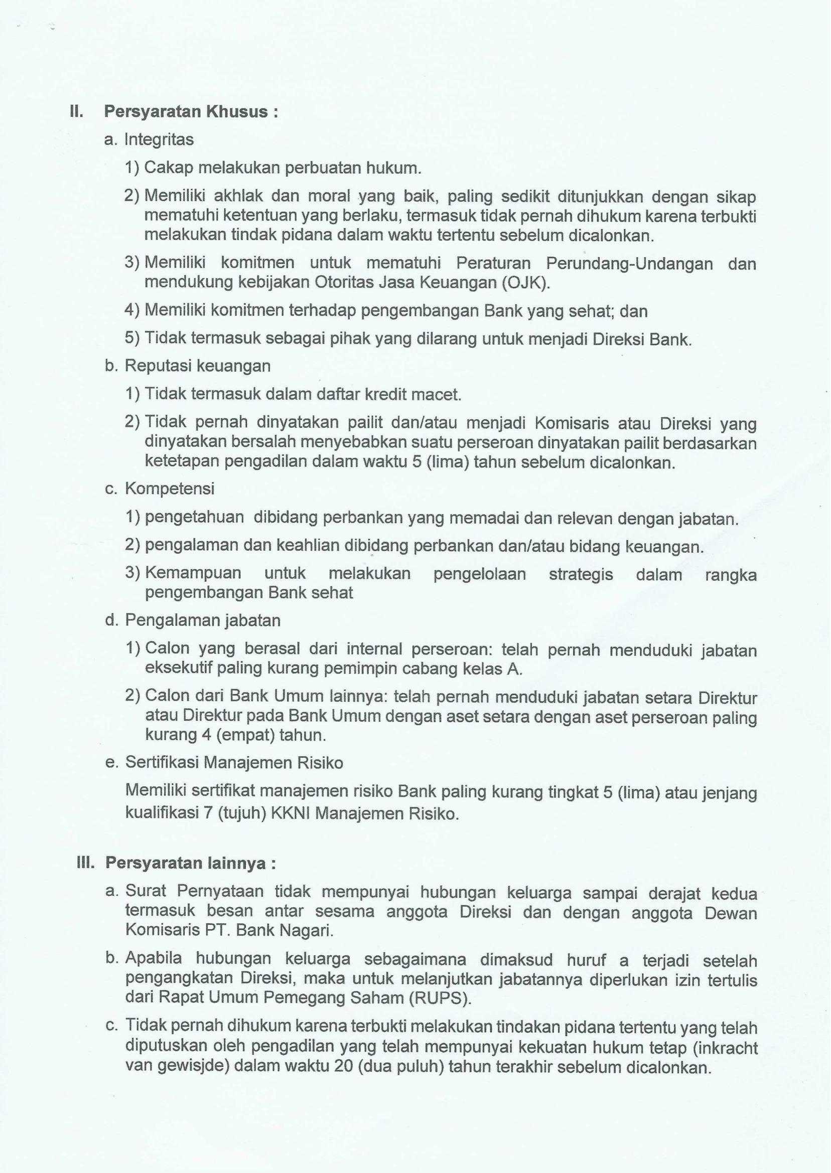 Pengumuman Seleksi Bakal Calon Direktur Kredit & Syariah PT Bank Nagari Periode 2024-2028