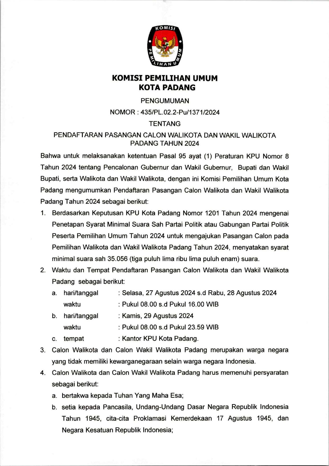 hal.1 ;Pengumuman Pendaftaran Pasangan Calon Walikota dan Wakil Walikota Padang Tahun 2024