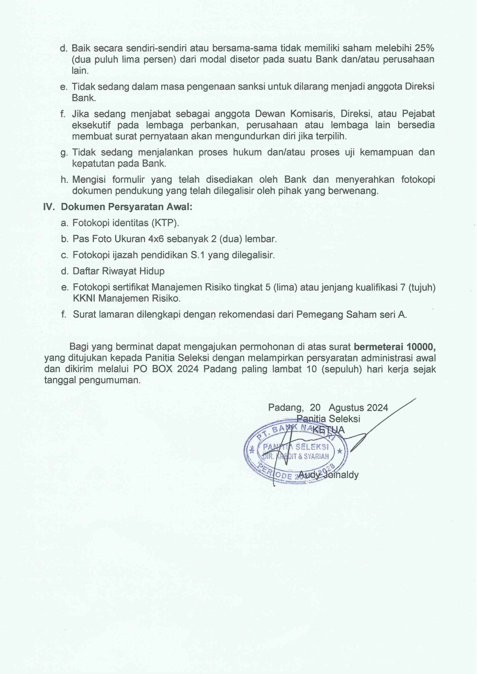Pengumuman Seleksi Bakal Calon Direktur Kredit & Syariah PT Bank Nagari Periode 2024-2028
