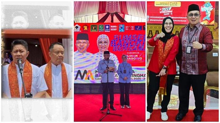 Tiga paslongub Sumsel 2024: HDCU (Herman Deru-Cik Ujang), MataHati (Mawardi Yahya-Anita Noeringhati), dan E-RA Baru (Eddy Santana Putra-Riezky Aprilia).