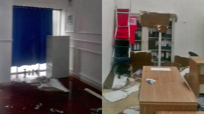 Atap ruangan direktur dan administrasi Rumah Sakit Pratama Tanah Abang beterbangan akibat hujan yang disertai angin kencang, Minggu (5/11/2023).