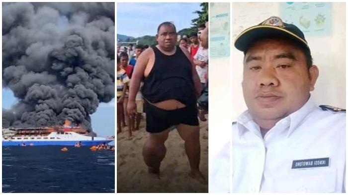 SOSOK NAHKODA KM BARCELONA - Kolase kondisi KM Barcelona VA terbakar di Perairan Talise, Minahasa Utara, Sulut Minggu (20/7/2025) (kiri) . Sosok Nahkoda Kapal KM Barcelona Iknosi Bawotong dan kondisinya (tengah-kanan). Berikut sosok Iknosi Bawotong, nahkoda Kapal KM Barcelona yang terbakar di Perairan Talise, Minahasa Utara, Sulut