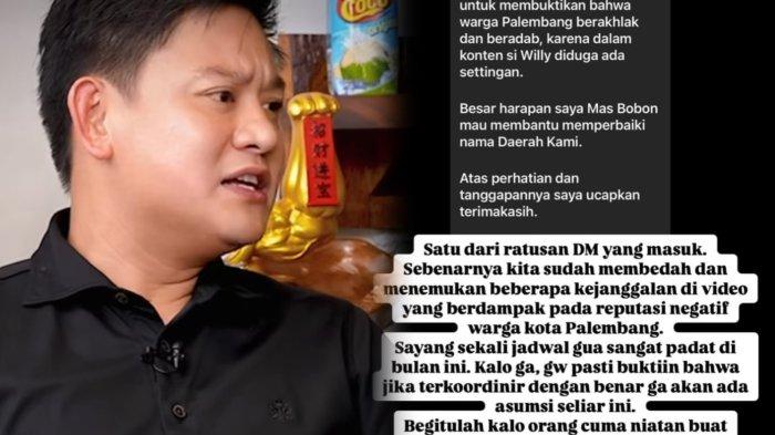 BOBON SANTOSO KLARIFIKASI - Tangkapan layar YouTube @Bobonsantoso. Bobon Santoso cium adanya setingan dari Willie Salim soal konten 200 kg rendang raib oleh warga Palembang.