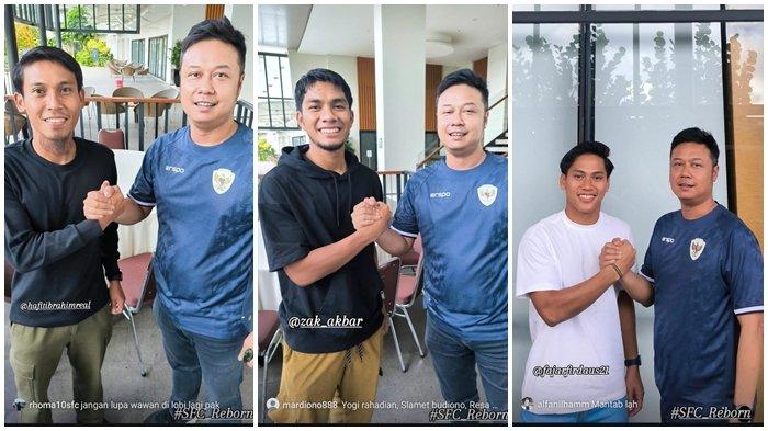 DEAL PEMAIN - Direktur Olahraga PT SOM Anggoro Prajesta bersalam komando mengisyaratakan deal kesepakatan dengan sejumlah calon pemain anyar Sriwijaya FC Hapit Ibrahim, Akbar Zakaria, dan Fajar Firdaus. 