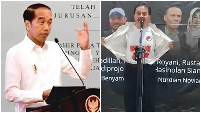 DEKLARASI TOLAK KRIMINALISASI- Pakar Telematika Roy Suryo dan kawan kawan menggelar deklarasi bertemakan 'Tolak Kriminalisasi Akademisi dan Aktivis, Lawan Kezaliman Rezim Jokowi' di Gedung Joeang, Menteng, Jakarta Pusat pada Rabu (22/7/2025) (kiri). Eks Presiden RI, Jokowi (kanan). Deklarasi ini dilakukan terkait kasus polemik ijazah Jokowi yang saat ini masih bergulir.