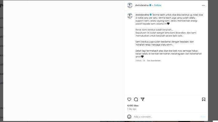 Dwinda Ratna ungkap kabar perceraiannya dengan Furry Setya