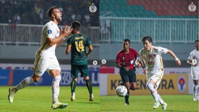 Ekspresi kecewa penyerang Persija Jakarta, Marko Simic (kiri) setelah sepakannya meleset dan percobaan Ryo Matsumura menyerang pada laga pekan kedua Liga 1 2023-2024 antara Persikabo 1973 vs Persija Jakarta, Minggu (9/7/2023).