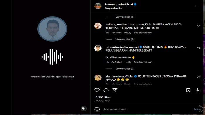 Unggahan Hotman Paris mengecam pelaku pembunuhan Imam Masykur, pria asal Aceh yang diduga dianiaya Paspampres.