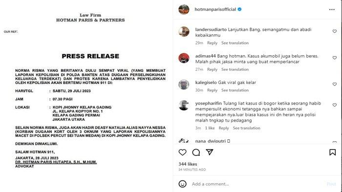 Hotman Paris umumkan Norma Risma bakal menemui usai laporan kasus perselingkuhan mantan suami macet di kepolisian.