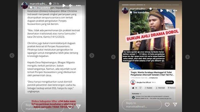 Instagram Story Pesulap Merah terkait pasien wanita yang tewas di toilet pondok milik Gus Samsudin, Jumat (15/12/2023).