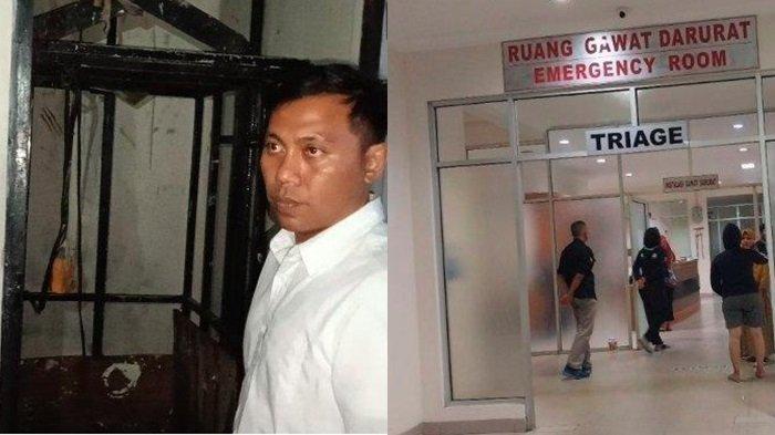 Kasat Reskrim Polresta Bandar Lampung Kompol Dennis Arya Putra (kanan) saat mengintrogasi security Sekolah Azzahra Arifan Hidayat terkait kejadian 9 orang pekerja bangunan yang terjatuh di Sekolah Azzahra, Rabu (5/7/2023). (kiri). Instalasi Gawat Darurat (IGD) Rumah Sakit Bumi Waras (RSBW) Bandar Lampung.
