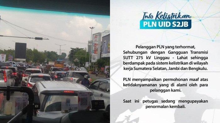 Jalanan di Simpang 4 Demang Lebar Daun Palembang Macet karena Lampu Merah Mati Usai Listrik Blackout di Sumsel, Selasa (4/6/2024).