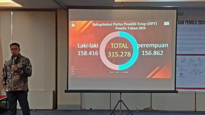 Ketua KPU Ogan Ilir, Rusdi, memaparkan jumlah dan rincian Daftar Pemilih Tetap (DPT) di Ogan Ilir, Minggu (10/12/2023).